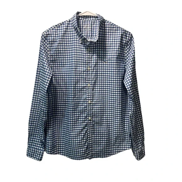 Vineyard Vines Performance Boys Blue / White Gingham Check Whale Shirt Sz XL 18 - Picture 2 of 8